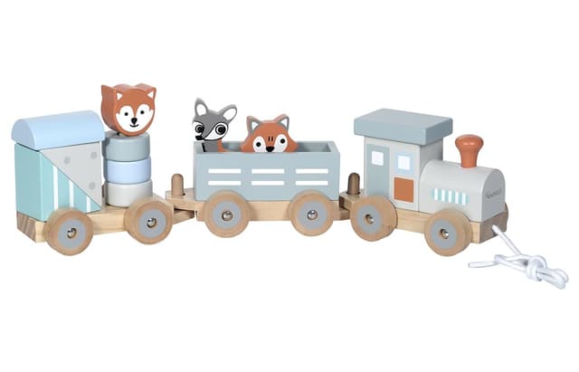 Kindsgut Holz-Eisenbahn, mit Holzbausteinen und Zoo-Tieren, dezente Farben und hochwertige Qualität, Dunkelgrau