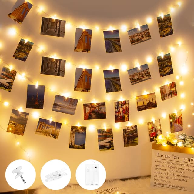 10M 100 LED Foto Lichterkette mit Timer, Lichterkette Fotoclips mit 60 Klammern für Fotos Lichterkette Bilder Aufhängen Batteriebetriebene Lichterketten für Zimmer/Wohnzimmer Deko, Hochzeiten, Party 10M 100LED