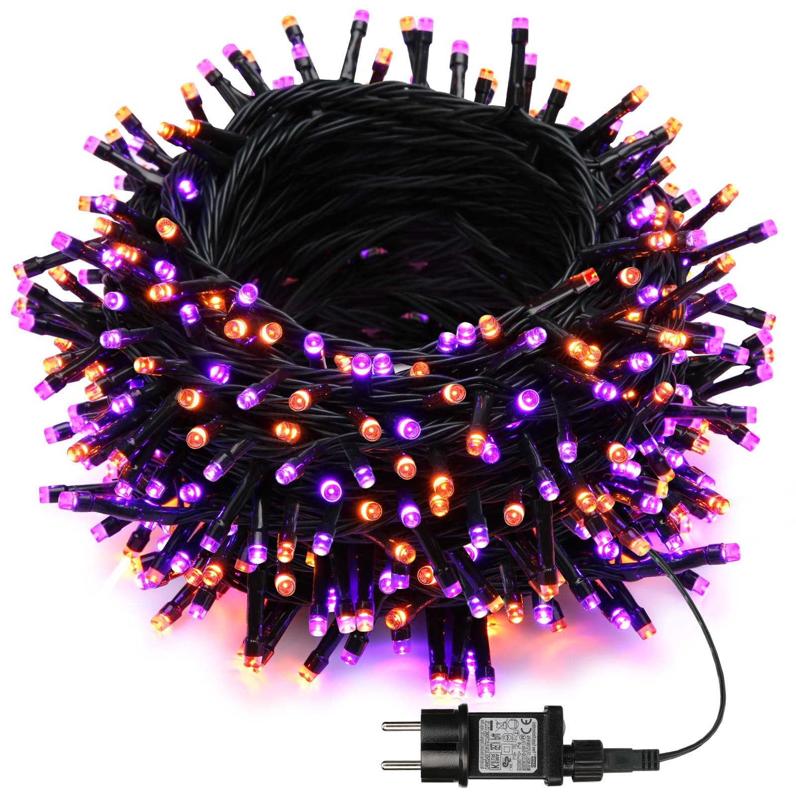 Joomer Halloween Lichterkette Outdoor, 20M 200LED Orange Lila Halloween Deko Lichterkette 8 Modi Wasserdichte Lichterkette Außen Strom Timer und Erweiterbar für Innen Party Garten Balkon Haus Orange+lila Grünes kabel