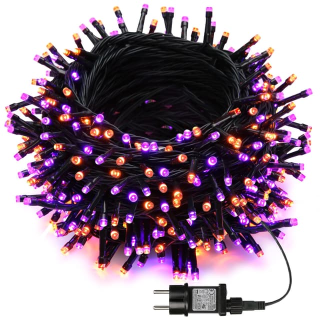 Joomer Halloween Lichterkette Outdoor, 20M 200LED Orange Lila Halloween Deko Lichterkette 8 Modi Wasserdichte Lichterkette Außen Strom Timer und Erweiterbar für Innen Party Garten Balkon Haus Orange+lila Grünes kabel