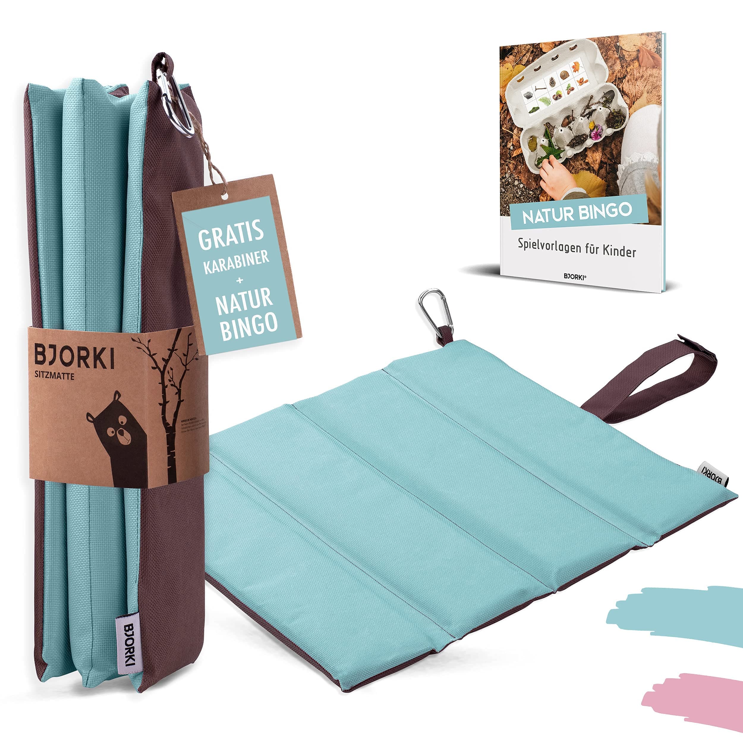 BJORKI® Sitzkissen Kinder - Faltbares Outdoor Sitzkissen mit optimalem Kälte- und Nässeschutz - Robuste Outdoor Sitzunterlage - Die Thermo Sitzmatte für Wandern, Stadion und unterwegs Pastell Blau