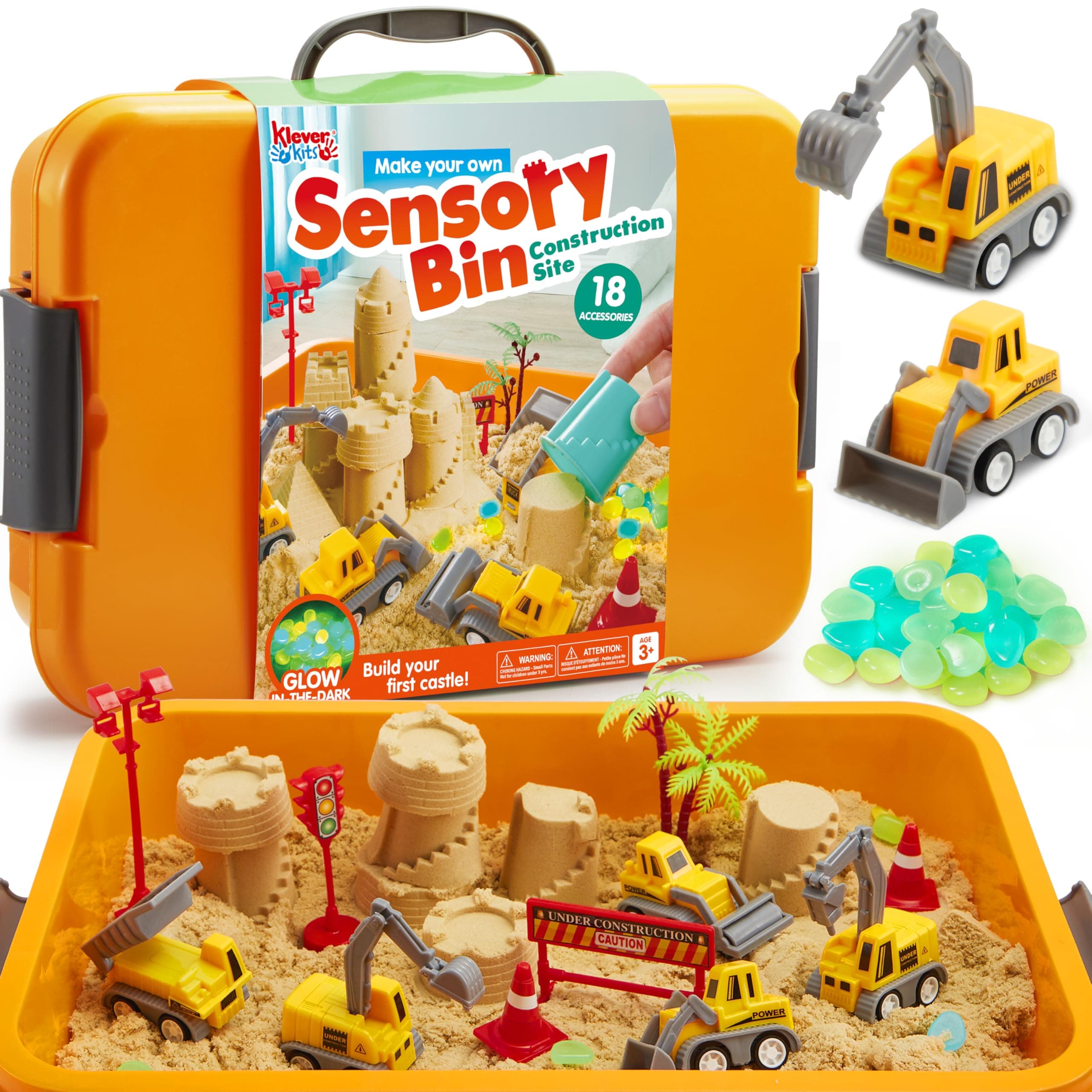 Klever Kits Magic Sand Set Spielsand Baustelle Kinder Koffer Spielsand für Kinder,Baustellen Sandkasten mit 18 Zubehörteilen,Leuchtenden Steinen,Zaubersand Sandspielzeug für Jungen ab 3 4 5 6 7 8 9