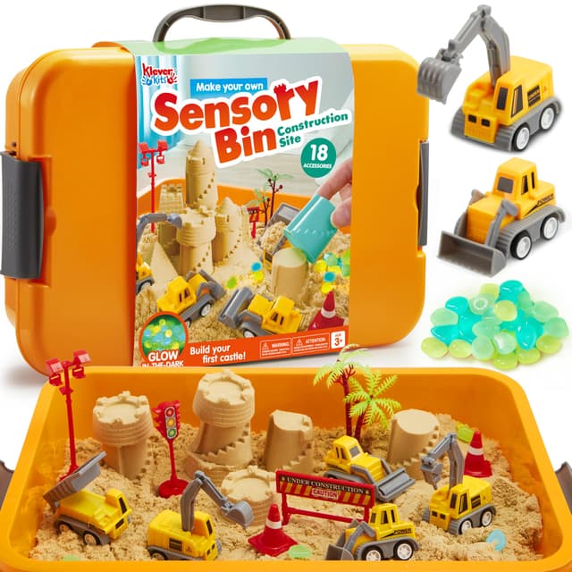 Klever Kits Magic Sand Set Spielsand Baustelle Kinder Koffer Spielsand für Kinder,Baustellen Sandkasten mit 18 Zubehörteilen,Leuchtenden Steinen,Zaubersand Sandspielzeug für Jungen ab 3 4 5 6 7 8 9
