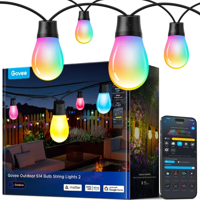 Govee Lichterkette Außen 15M, RGBICW LED Lichterkette, IP66 Wasserdicht, Funktioniert mit Alexa und Google Assistant, App-Steuerung, 111 Szenenmodi, Outdoor Lichterketten für Balkon Garten Party Deko