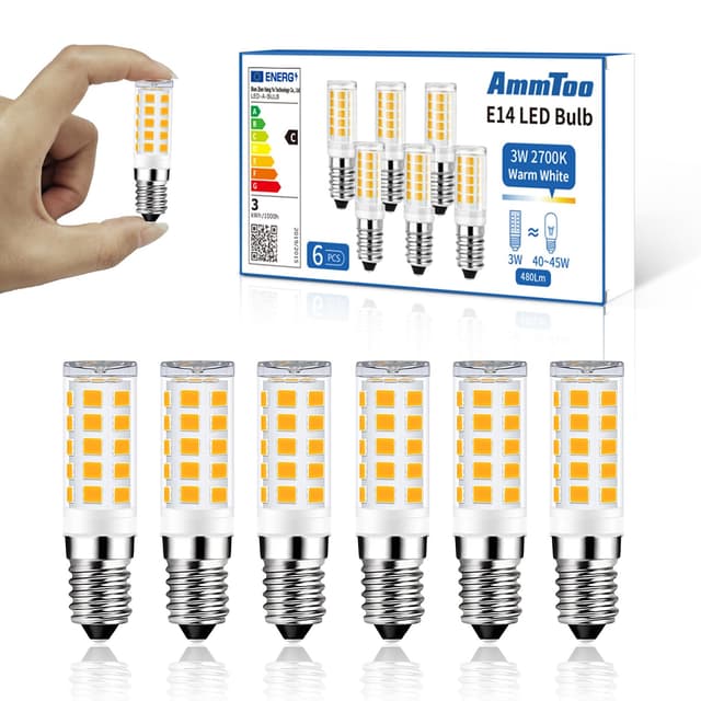 AmmToo E14 LED Warmweiss Birne, 2700K LED Lampe, Glühbirne E14 3w 480LM ersetzt 40W 45W Halogenlampen, Kein Flackern Kühlschranklampe Nicht Dimmbar, Led Mais Birne für Dunstabzugshaube Wandlampen 6 Stück