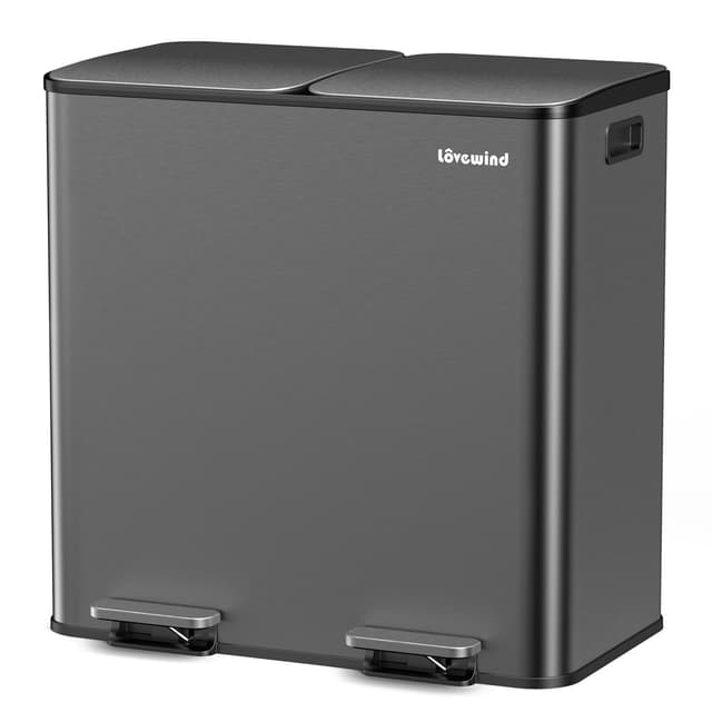 Lovewind Mülleimer, 2 x 40L Mülleimer Küche, Doppeleimer für Recycling und Abfall, Schwarz, Mülleimer aus Edelstahl mit Deckel und Inneneimern, Großes Fassungsvermögen, Deckel mit Soft-Close-Funktion 2*40L Schwarz