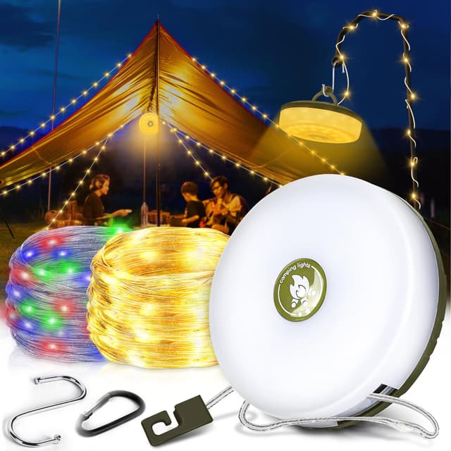 JONRRYIN Camping Lichterkette Aufrollbar, 10M Wasserdichte Tragbare Verstaubare Lichterkette für den Außen mit 8 Modi, Campinglampe über USB mit Haken, Außenlichterketten für Camping und Wandern