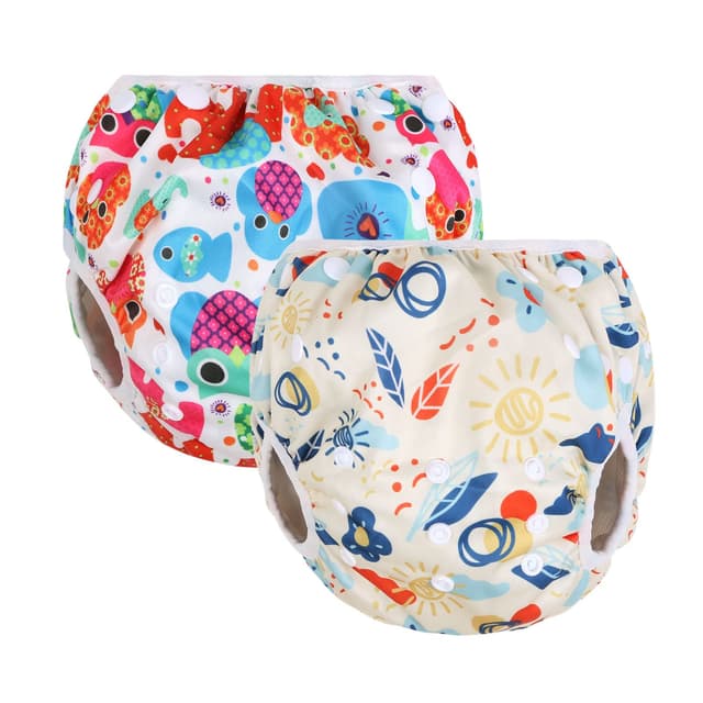 Vicloon Baby Schwimmhose(2-teilig),Schwimmwindel wiederverwendbar,Verstellbarer,Waschbar Schwimmwindel für Kleinkinder von 0 bis 3 Jahren -Bunt Tiere/Gelbe Sonnenblumen