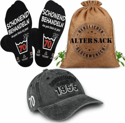 TUZELIYA Geburtstag Geschenke für Männer - 3 in 1 Alter Sack Geschenkbeutel mit Baseball Cap und Socken - Witzige Geschenke für Papa Ehemann Opa Ehemann Freund GRAU-70