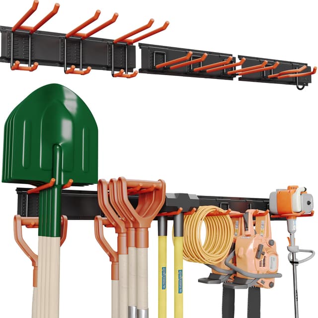 BONTEC Wandmontierter Werkzeughalter, 336 kg Tragfähigkeit, 3 Rail Panels, Verstellbare Garage Wandregale mit 8 Haken, Besenhalter, Gartengeräte Aufbewahrung, Stabil und Rostbeständig, Orange Orange Max. Traglast 336KG