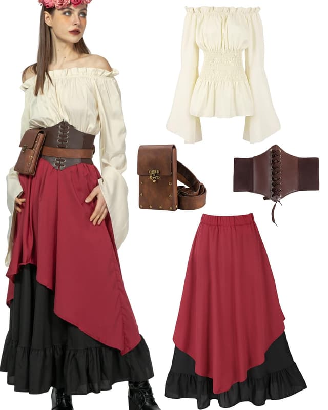 5pcs Mittelalter Kleidung Damen Set, Retro Off Shoulder Bluse Kleid Renaissance Kostüm Victorian Bekleidung Maxi Dressm mit Corsett, Gürteltasche, Gürtel, Karneval Faschingskostüm Rot XXL