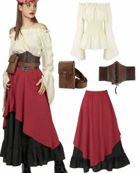 5pcs Mittelalter Kleidung Damen Set, Retro Off Shoulder Bluse Kleid Renaissance Kostüm Victorian Bekleidung Maxi Dressm mit Corsett, Gürteltasche, Gürtel, Karneval Faschingskostüm Rot XXL