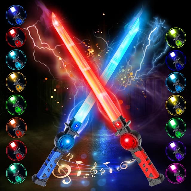 VATOS 2 Stück Wiederaufladbare Lichtschwert für Kinder,15 RGB Variable Farbe Lichtschwert mit Kampf Soundeffekten,2 in 1 Retractable LED Laserschwert Spielzeug für Cosplay,Samurai Themenparty