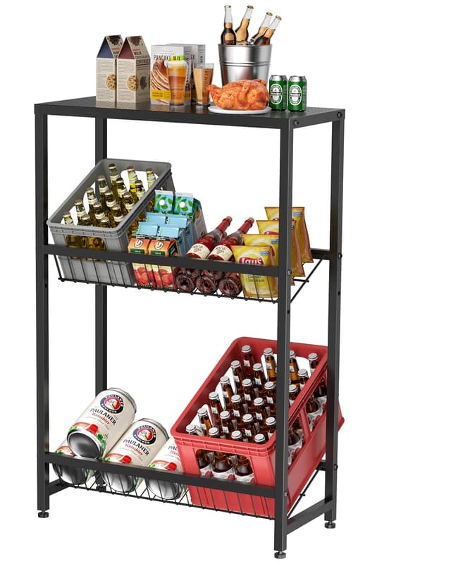Rainsworth Getränkekistenregal mit Ablage, mit Gitterhalterung aus Metall, 33T x 75B x 113H cm Regale für Getränkekisten für 4 Kisten, Getränkeregal mit Verstellbaren Füßen, Schwarz