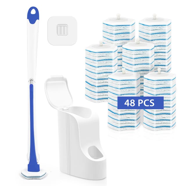 JEHONN Einweg Toilettenbürste, Klobürste mit 48 Stück Reiniger Nachfüllungen Schwamm, WC Bürste Reinigungsmittel für Waschbecken Badewanne Waschbecken Mop Pool (Blau)