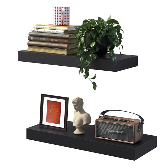BONTEC 2er Set Schwimmende Wandregale, 40cm Bücherregal Schweberegal Holz Board für Wanddeko und Aufbewahrung, Tragfähigkeit von 10kg, Schwarz 15.7 Inches Schwarz