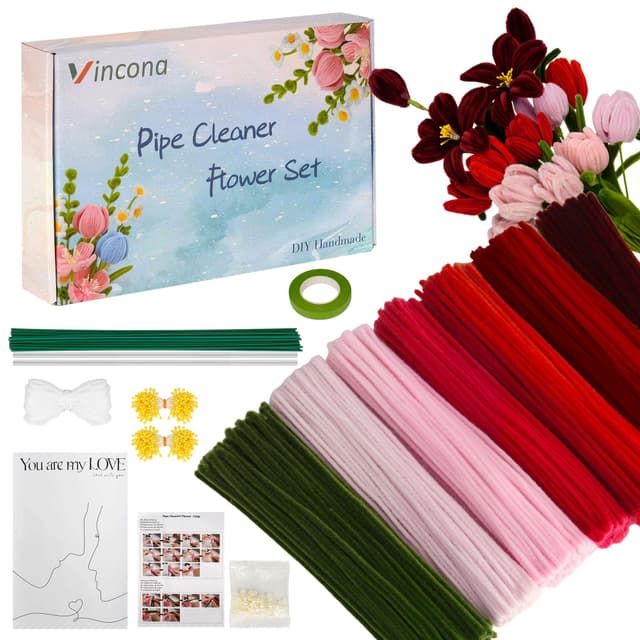 Vincona 400 Stück Pfeifenreiniger Blumen Set, Pfeifenputzer Blumen Zum Basteln （7 Farben） Inklusive 20 Blütenstiele, Band, Staubgefäße und Straußverpackung für Blumenstrauß DIY Großrot Burgunderrot