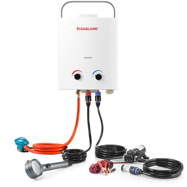 GASLAND AS132 Pro Tragbarer Gas-Durchlauferhitzer, 28-30mbar(Butan) oder 37mbar(Propan), 5L lpg Gas-Wassererhitzer mit Wasserpumpe und Rohrsieb für RV Camping Dusche Waschen Pferd 5L Weiß