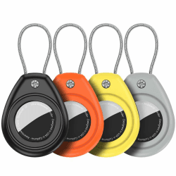 Aimtel 4 Stück Air Tag Anhänger Kompatibel mit Apple Air Tag Schlüsselanhänger，IPX8 Wasserdicht Air Tag Hülle mit Drahtkabel Air Tag Lock Schlüsselring Halter für Schlüssel, Gepäck, Rucksack 4 Stück Schwarz/Orange/Gelb/Gray