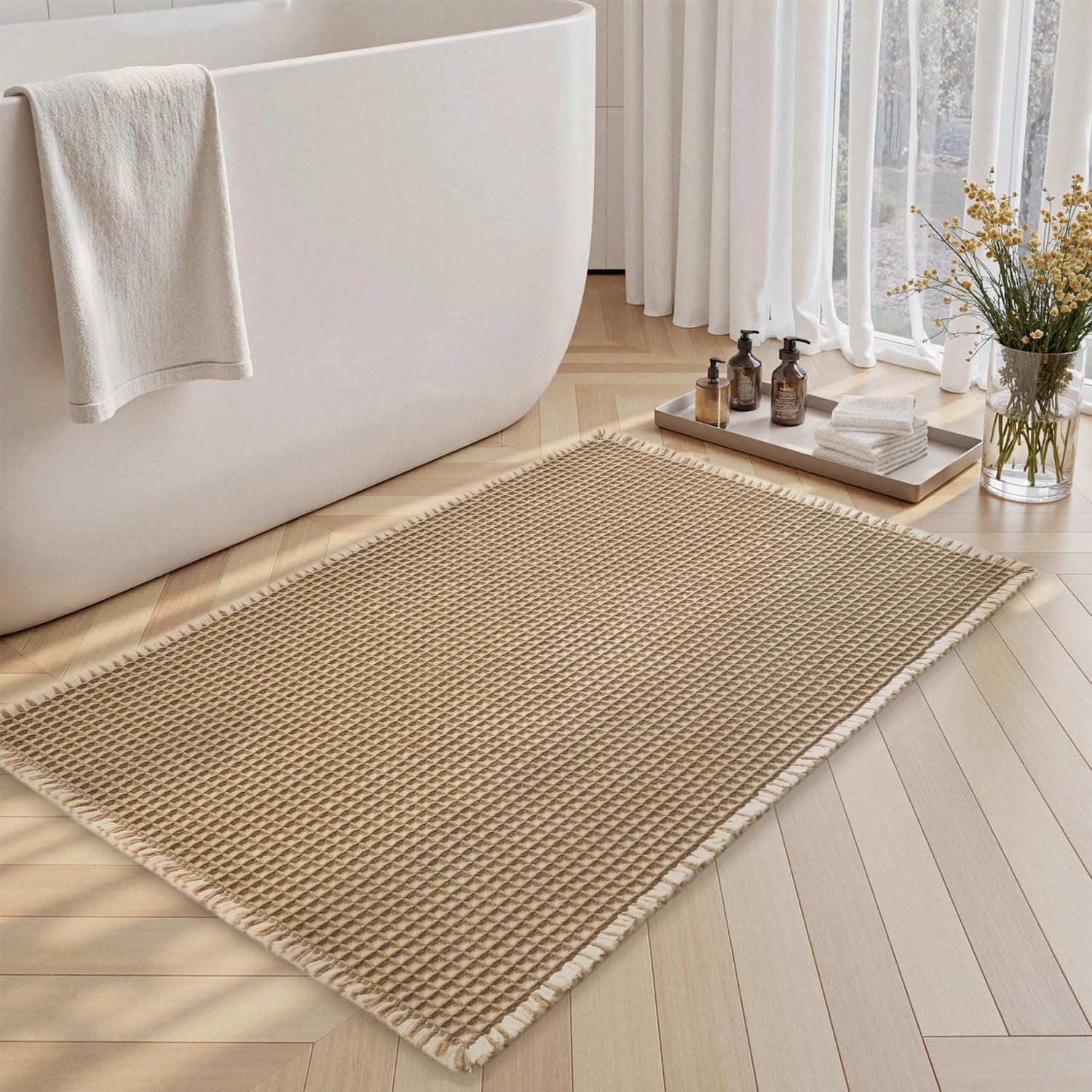 SIXHOME 40 * 60cm Braun-Weiß Badematte Super Absorbierende Waffle mit Quasten Badteppich Badematte rutschfest Maschinenwaschbare Badematte für Badezimmer 40*60cm Braun-weiß
