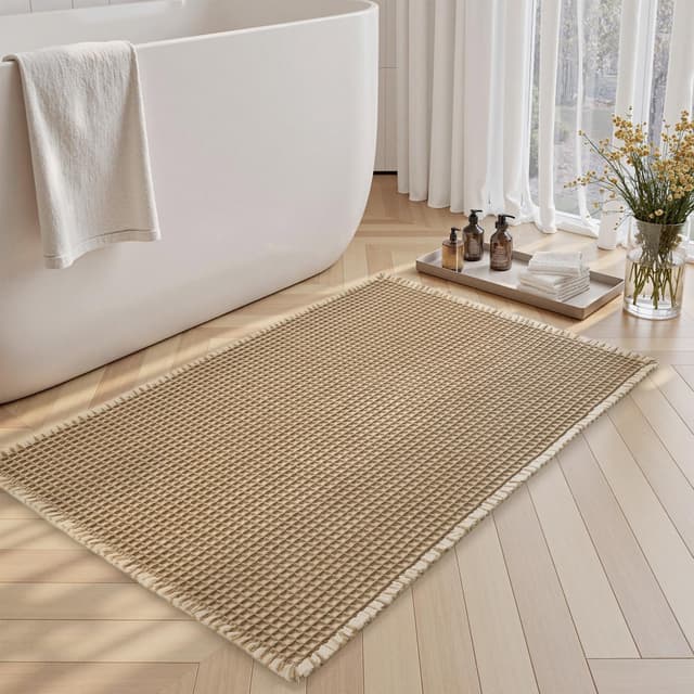 SIXHOME 40 * 60cm Braun-Weiß Badematte Super Absorbierende Waffle mit Quasten Badteppich Badematte rutschfest Maschinenwaschbare Badematte für Badezimmer 40*60cm Braun-weiß