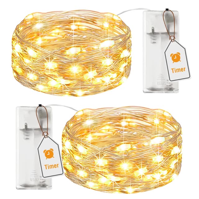 btfarm 2 Stück Lichterkette Batterie mit Timer, 2M 20 LED Micro Silberdraht Lichterkette Draht Innen Batteriebetrieben für Party Schlafzimmer Weihnachten Hochzeit Halloween Deko, Warmweiß Warmweiß 2M