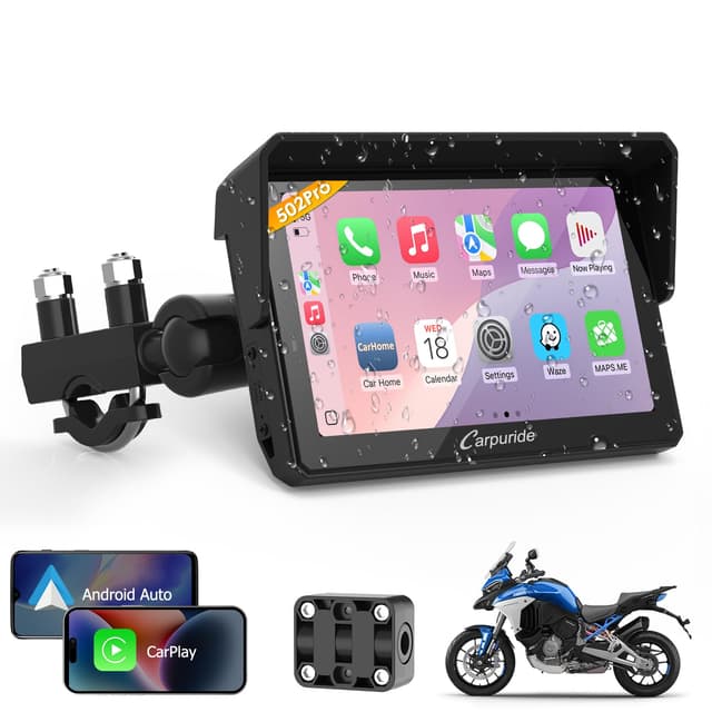 Carpuride W502PRO für Motorrad CarPlay & Android Auto & Dual Bluetooth - 5 Zoll wasserdichter GPS-Navigation für Motorrad, Musik-Sharing, Gegensprechanlage, EQ, Lichtsensor, Kompass, Barometer