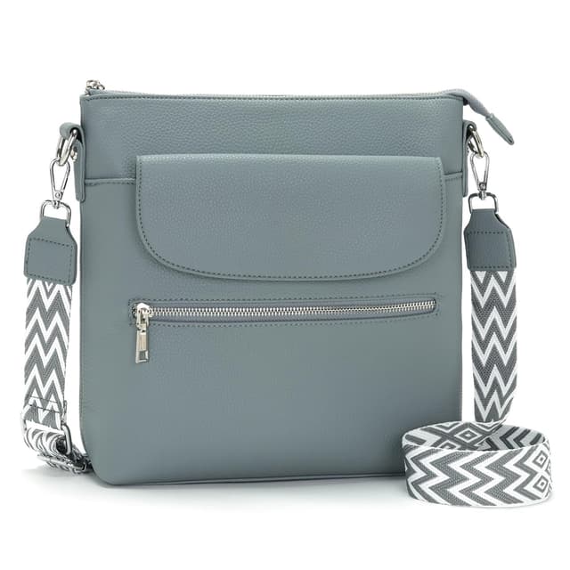 JSDOST Mittelgroße Handtasche für Damen - Große Umhängetasche aus Veganem Leder - Schultertasche mit Vielen Fächern in Graublau