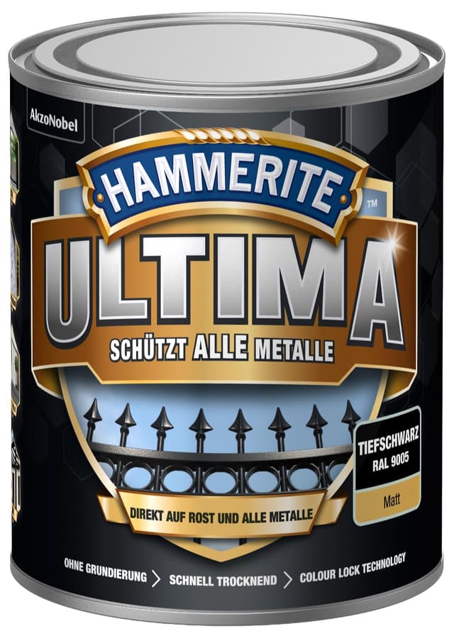 Hammerite Ultima Matt, Metallschutzlack, Hochwertiger Schutzlack für alle Metalle im Außenbereich, Tiefschwarz RAL 9005, 750 ml Tiefschwarz 750 ml (1er Pack) Matt