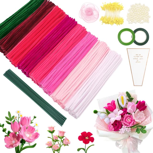 Epaing Pfeifenputzer zum Basteln, 500 Stück 8 Farben Pipe Cleaner Flower Set, mit Staubgefäße, Blütenstiel, Nicht Porösen Perlen, Klebeband, Fischschwanzgarn und Blumentasche, Pfeifenreiniger Blumen Rot