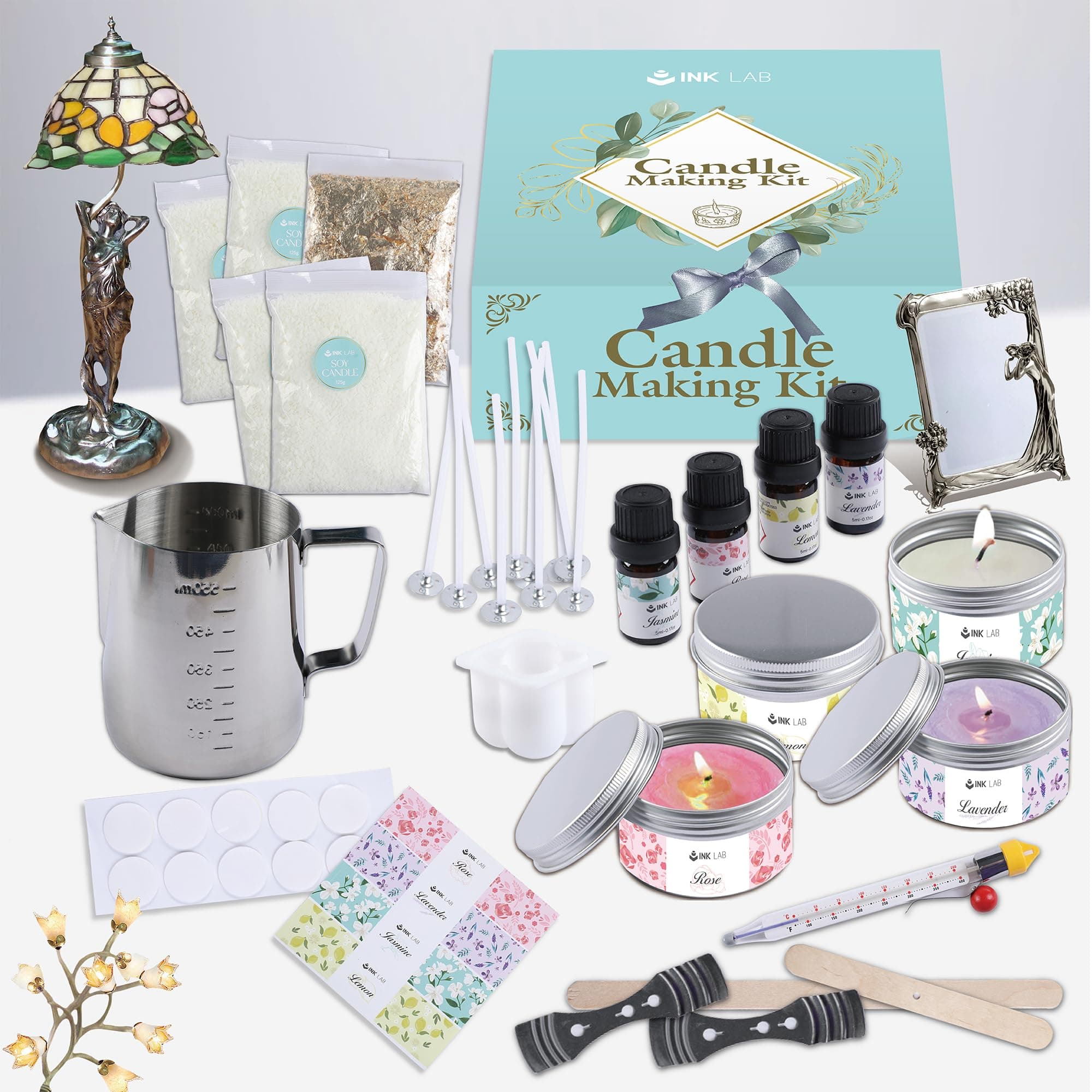 INK LAB Kerzenherstellungsset für Erwachsene, DIY Kerzenherstellungsset für Erwachsene, Schmelztopf, Duftölen & Farbblöcken, inkl. Thermometer & Anleitung für Duftkerzen