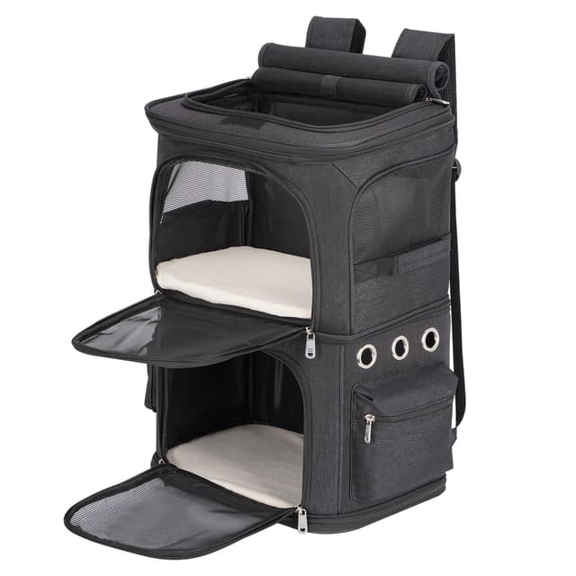 FASNATI Katzenrucksack Große Katzen bis 12kg, Katzentransportbox für 2 Katzen, kleine Hunde und Kaninchen, perfekt für Reisen/Wandern/Camping, Schwarz L Schwarz