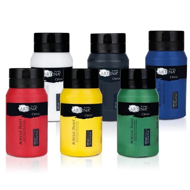 Artina 6er Acrylfarben Set 500ml – Deckende Malfarbe Schnelltrocknende Farbe zum Malen 6x500ml Profi Acryl Künstlerfarben Set Grundfarben Tuben Wasserfest, Hohe Pigmentierung & Lebendige Farben 500 ml (6er Pack) mehrfarbig