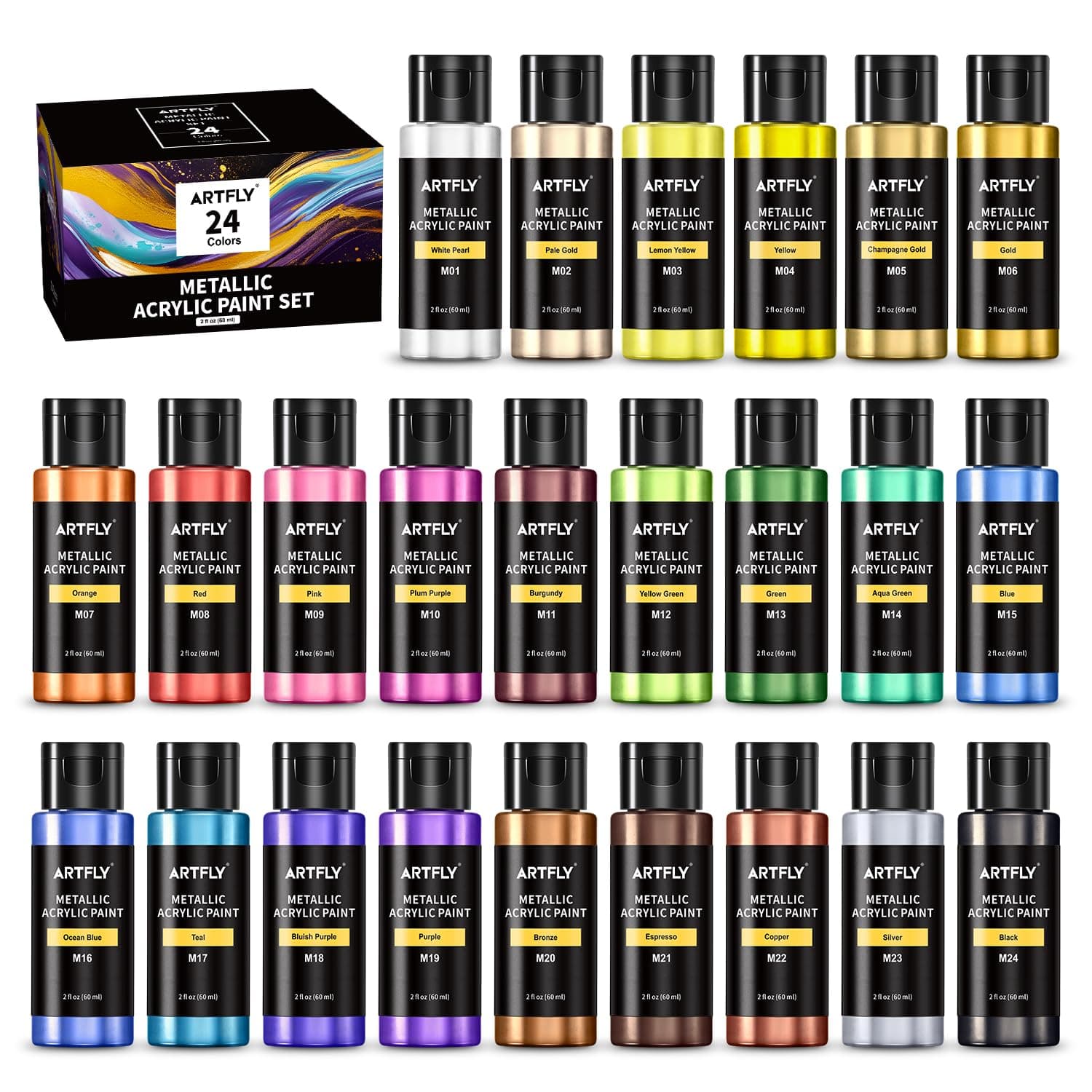 ARTFLY Metallic Acrylfarben Set, 24 Metallic-Farben in 2 oz/60 ml-Flaschen, metallisch glänzende Acrylfarbe, perfekt für Künstler, Anfänger auf Leinwand, Steinen, Holz, Stoff, Keramik