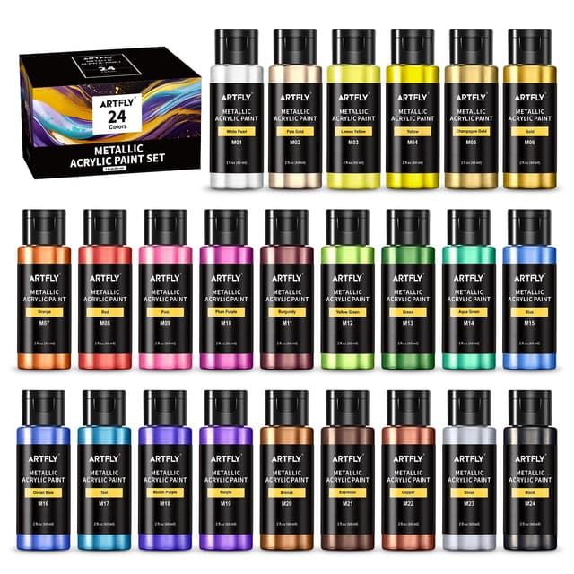 ARTFLY Metallic Acrylfarben Set, 24 Metallic-Farben in 2 oz/60 ml-Flaschen, metallisch glänzende Acrylfarbe, perfekt für Künstler, Anfänger auf Leinwand, Steinen, Holz, Stoff, Keramik