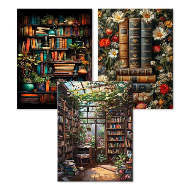 WEMEON 3 Stück Malen Nach Zahlen Erwachsene(30X40cm)- Bücherregal Malen nach Zahlen, Malen Nach Zahlen Kit mit 9 Pinseln, Acrylfarben Handgemalt Ölgemälde Leinwand für Home Decor, Ohne Rahmen Bücherregal01 30x40(Rahmenlos)