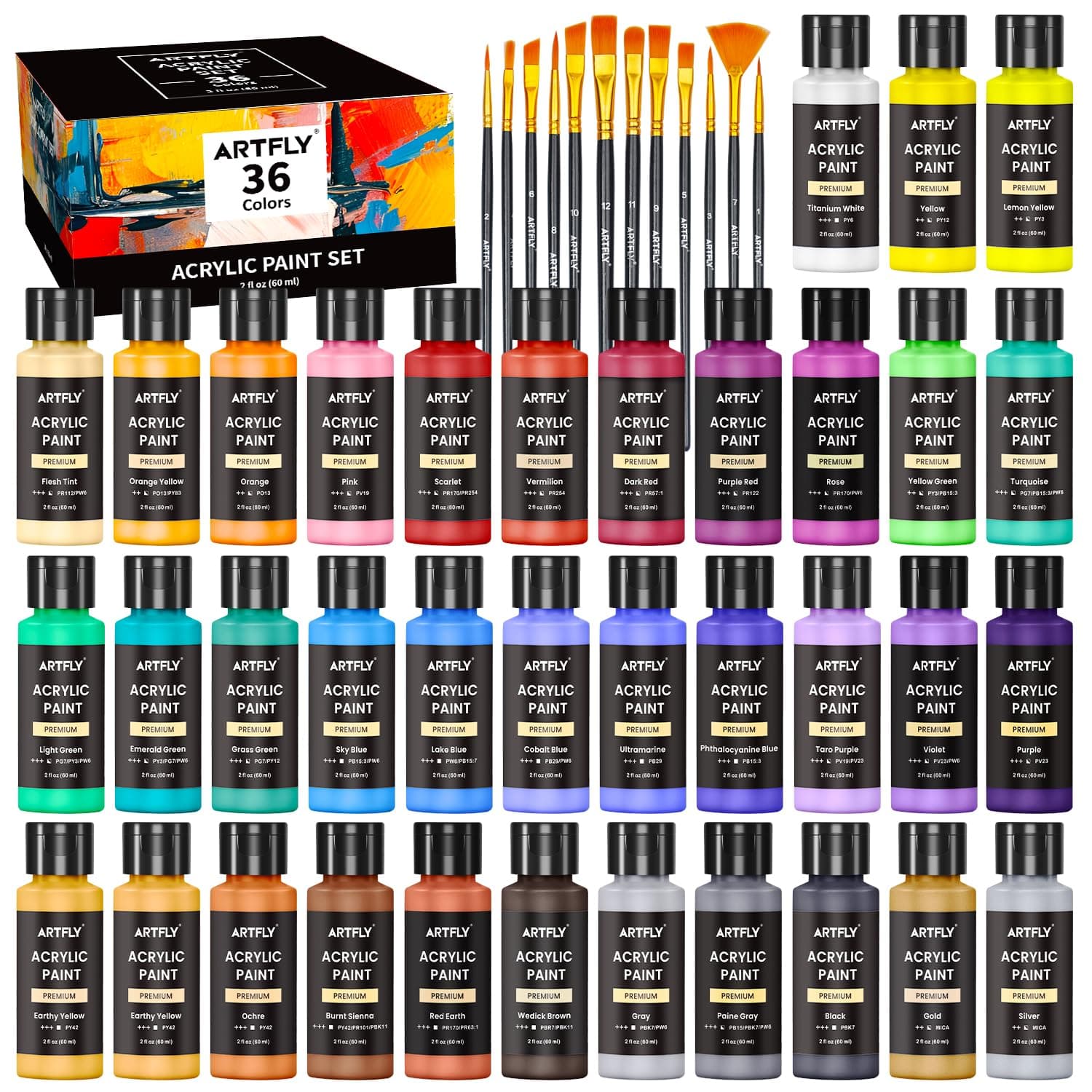ARTFLY Acrylfarben Set, 36 Farben (2oz/60ml), 12 Pinseln, ungiftig, Acryl Farben wasserfest Reiche Pigmente für Künstler, Student, Erwachsene auf Steine, Leinwand, Holz, Ton, Keramik, Kunsthandwerk
