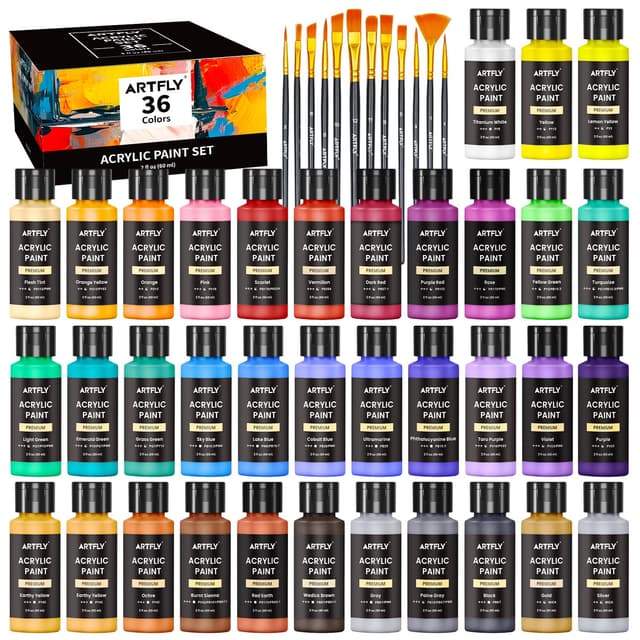 ARTFLY Acrylfarben Set, 36 Farben (2oz/60ml), 12 Pinseln, ungiftig, Acryl Farben wasserfest Reiche Pigmente für Künstler, Student, Erwachsene auf Steine, Leinwand, Holz, Ton, Keramik, Kunsthandwerk