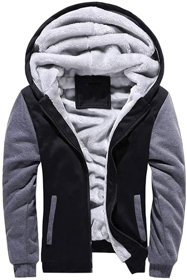 LEZUAN Herren Kapuzenjacke mit Fleecefutter Hoodies mit Reißverschluss Verdickte Langarm Kapuzenpullover Patchwork Sweatjacke Winter Warm Hooded Sweatshirt mit Tasche und Kordelzug
