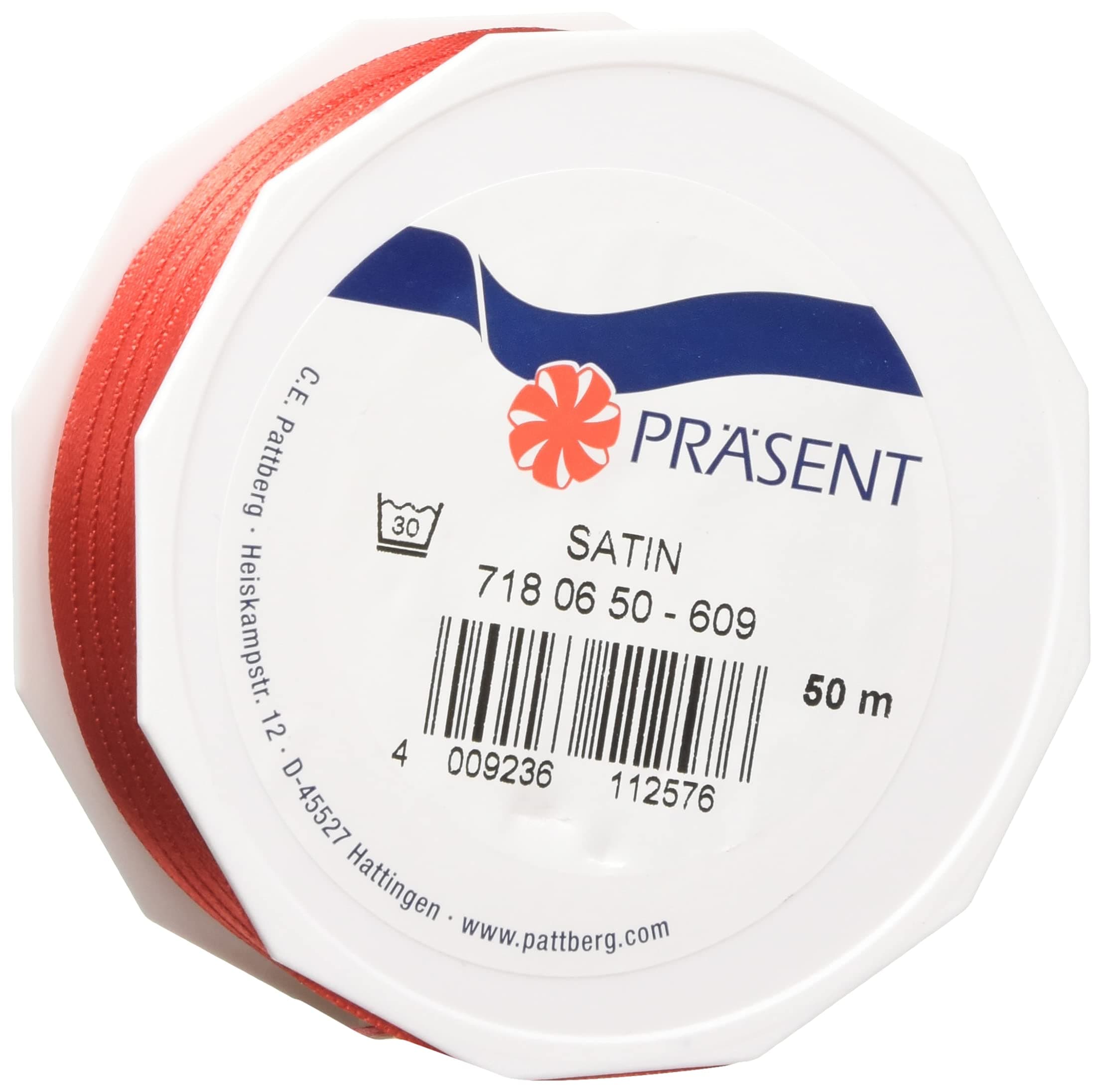 Präsent C.E. Pattberg Satin rot, 50 m Satinband zum Einpacken von Geschenken, 6 mm Breite, Geschenkband zum Dekorieren & Basteln, Dekoband, Anlass 50 m x 6 mm Rot