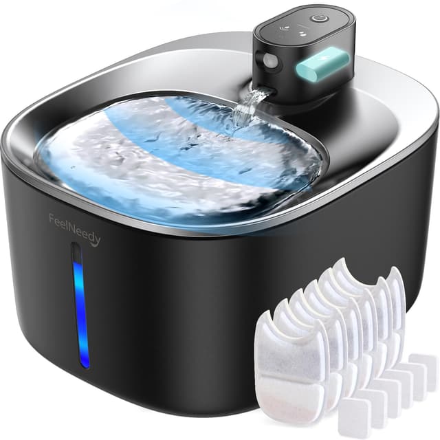 Batteriebetriebener Katzentrinkbrunnen Kabellos mit Bewegungsmelder, Trinkbrunnen für Katzen Edelstahl Con Sensor, FEELNEEDY 4L Katzenbrunnen Ohne Strom Leiser mit 6 Filter+ 12 Schwämme-ABS schwarz Wassertank aus ABS Schwarz
