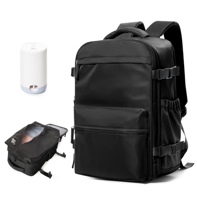 BOXSAM Vakuum Rucksack Handgepäck Flugzeug Tasche Airbag mit Vakuumsystem Reisen Tagesrucksack Ryanair 40x30x25 Rucksack Damen Vacuum Reiserucksack mit Pumpe Wasserdicht Herren Vakuum Koffer.Schwarz