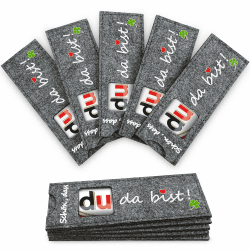 Gastgeschenke - 'Schön, dass du da bist', 10 Stück Filzhülle für schokolade ohne Schokolade, Geschenk für Hochzeit Taufe Weihnachten Geburtstag Konfirmation Schön, dass du da bist Groß