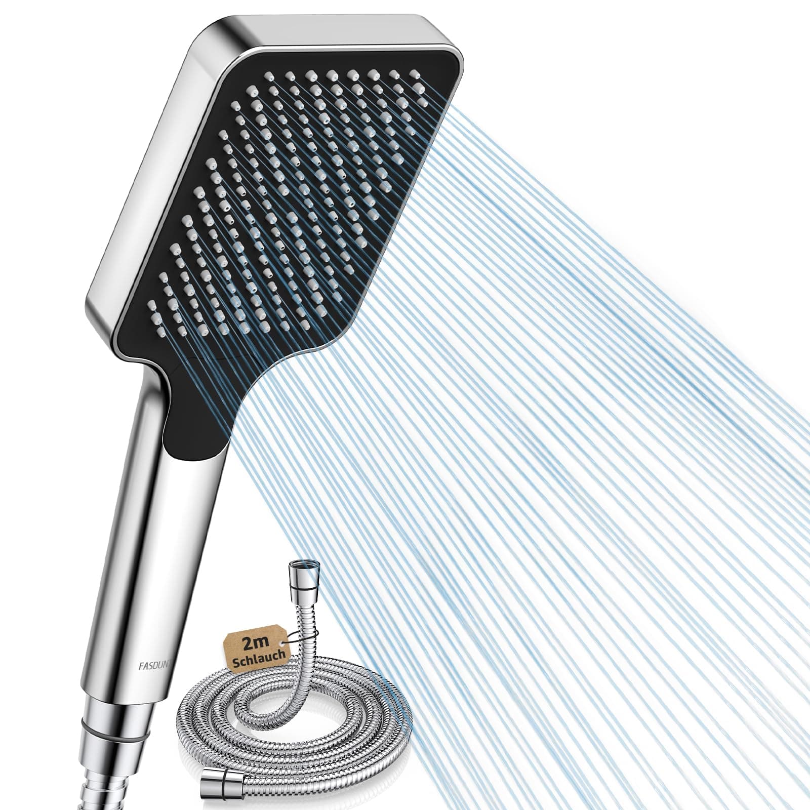 FASDUNT Duschkopf mit Schlauch 2M, Hochdruck Duschkopf Regendusche mit 9.5L/min Durchflussbegrenzer Duschbrause Wassersparend 40% Senkung der Wasserkosten Silber