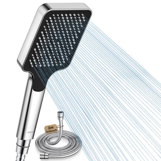 FASDUNT Duschkopf mit Schlauch 2M, Hochdruck Duschkopf Regendusche mit 9.5L/min Durchflussbegrenzer Duschbrause Wassersparend 40% Senkung der Wasserkosten Silber