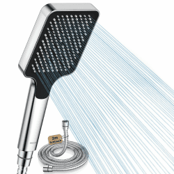 FASDUNT Duschkopf mit Schlauch 2M, Hochdruck Duschkopf Regendusche mit 9.5L/min Durchflussbegrenzer Duschbrause Wassersparend 40% Senkung der Wasserkosten Silber