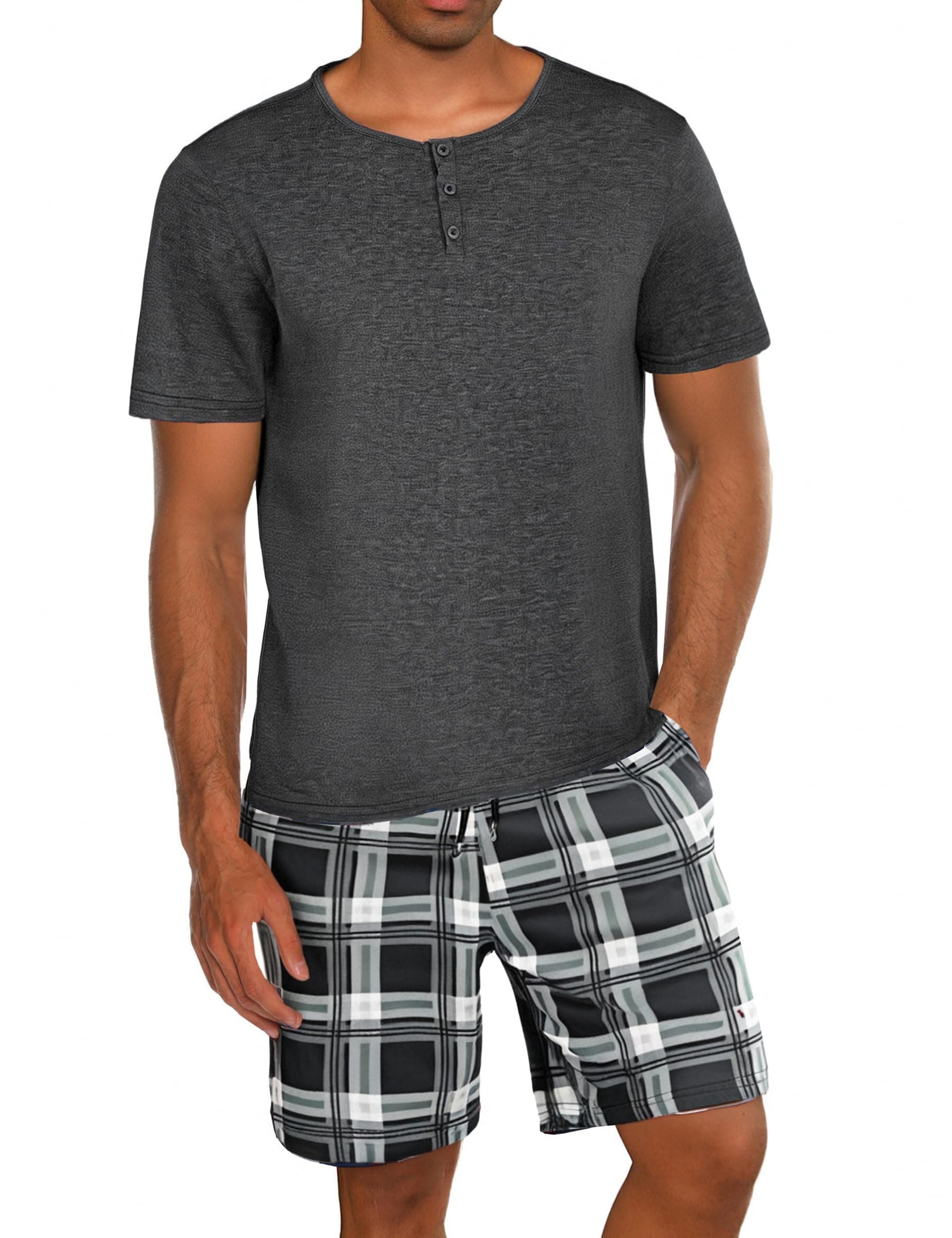 Uniexcosm Schlafanzug Herren Kurz Sommer Zweiteiliger Pyjama Set Nachtwäsche Kurzarm Oberteil und Kariert Schlafshorts für Männer