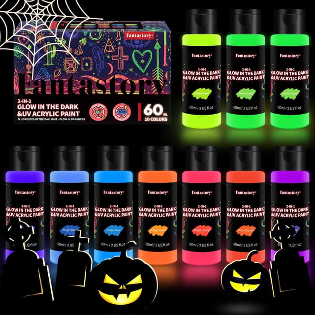 Fantastory Leuchtfarben Nachtleuchtend Farbe 10x60ml, Wasserfest Acrylfarbe Glow in the Dark Farbe, Schwarzlicht ; für Halloween Steine, Leinwände (Fluoreszierende Serie) 10x60ml(Fluoreszierende Serie)