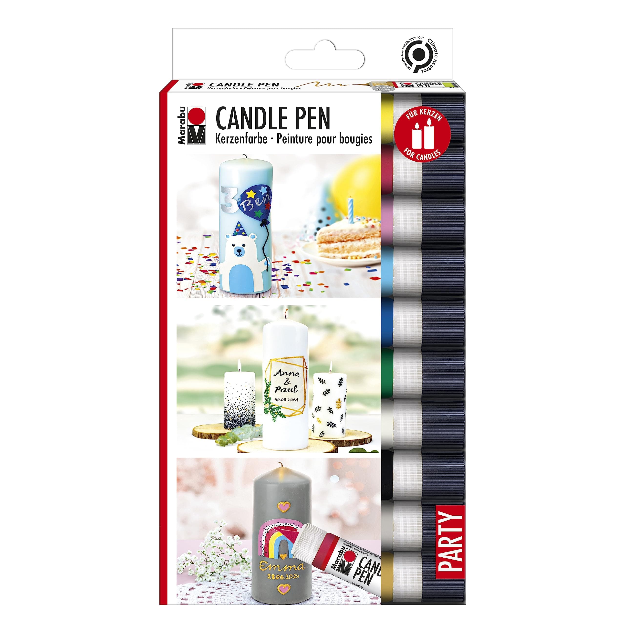 Marabu 1805000009882 - Candle Pen Set, 10 Kerzenpens á 25 ml, cremig, weiche Wachsmalfarbe, auf Wasserbasis, lichtecht, geruchsneutral, wetterfest, kinderleichte Kerzendeko 10 Farben