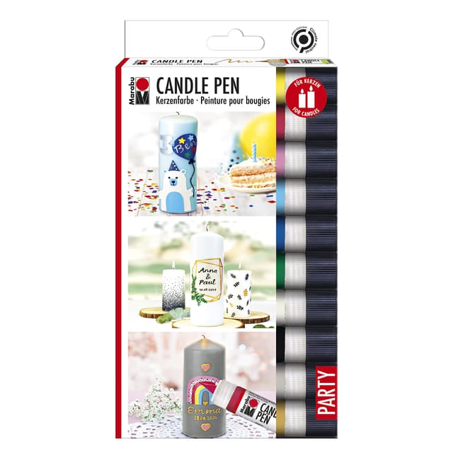 Marabu 1805000009882 - Candle Pen Set, 10 Kerzenpens á 25 ml, cremig, weiche Wachsmalfarbe, auf Wasserbasis, lichtecht, geruchsneutral, wetterfest, kinderleichte Kerzendeko 10 Farben